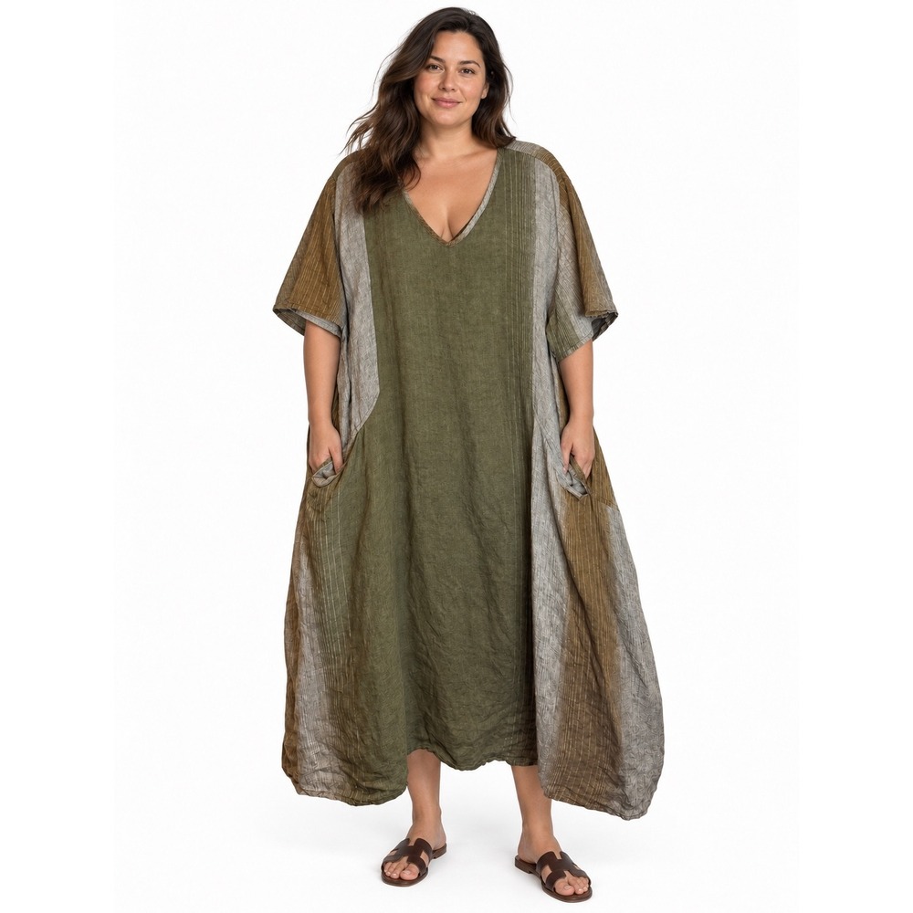 FLAX Linen Maxi Dress 3G Green Brown Colorblock V-Neck Kaftan Pockets Lagenlook